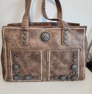 Brown Western Tote with Studded Accents and Tooled Design